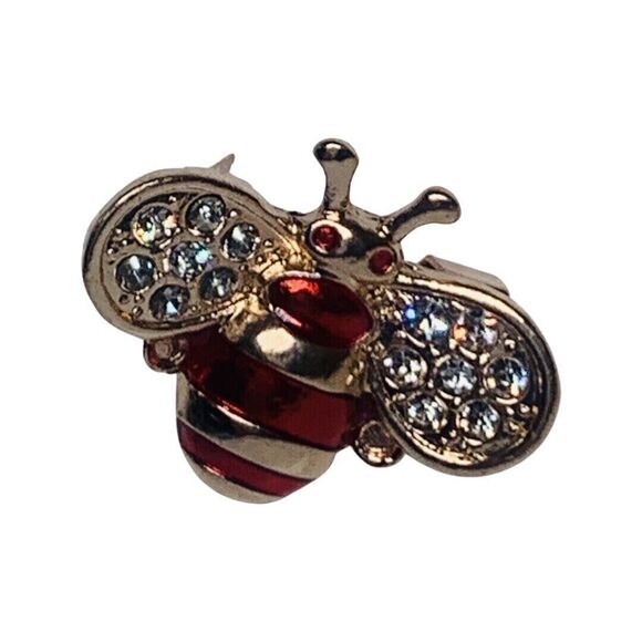 Rhinestone Bumble Bee Brooch Pin 1 1/8”  Red Icy Cute - Picture 7 of 13